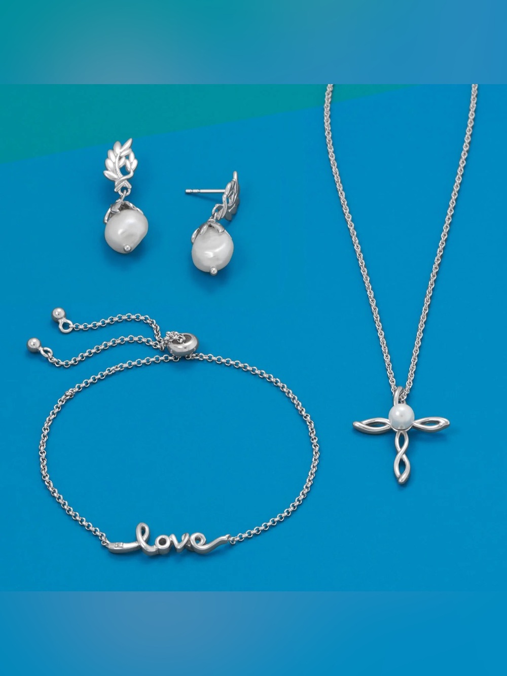 Love and Pearls! Rhodium Sterling Silver bracelet necklace earrings Jewelry Set